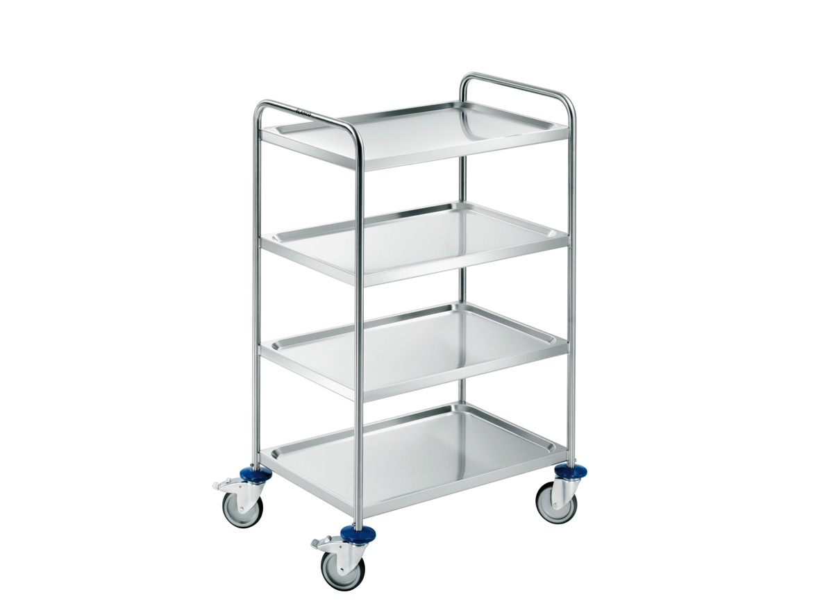 Cleanroom table multi-purpose trolley made of stainless steel with 4 shelves and castors